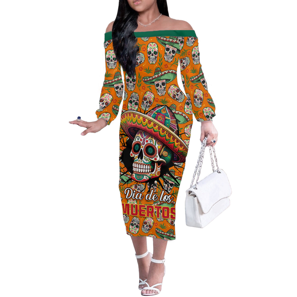 Personalised Day Of The Dead Family Matching Off Shoulder Long Sleeve Dress and Hawaiian Shirt Sugar Skull Dia de los Muertos - Wonder Print Shop