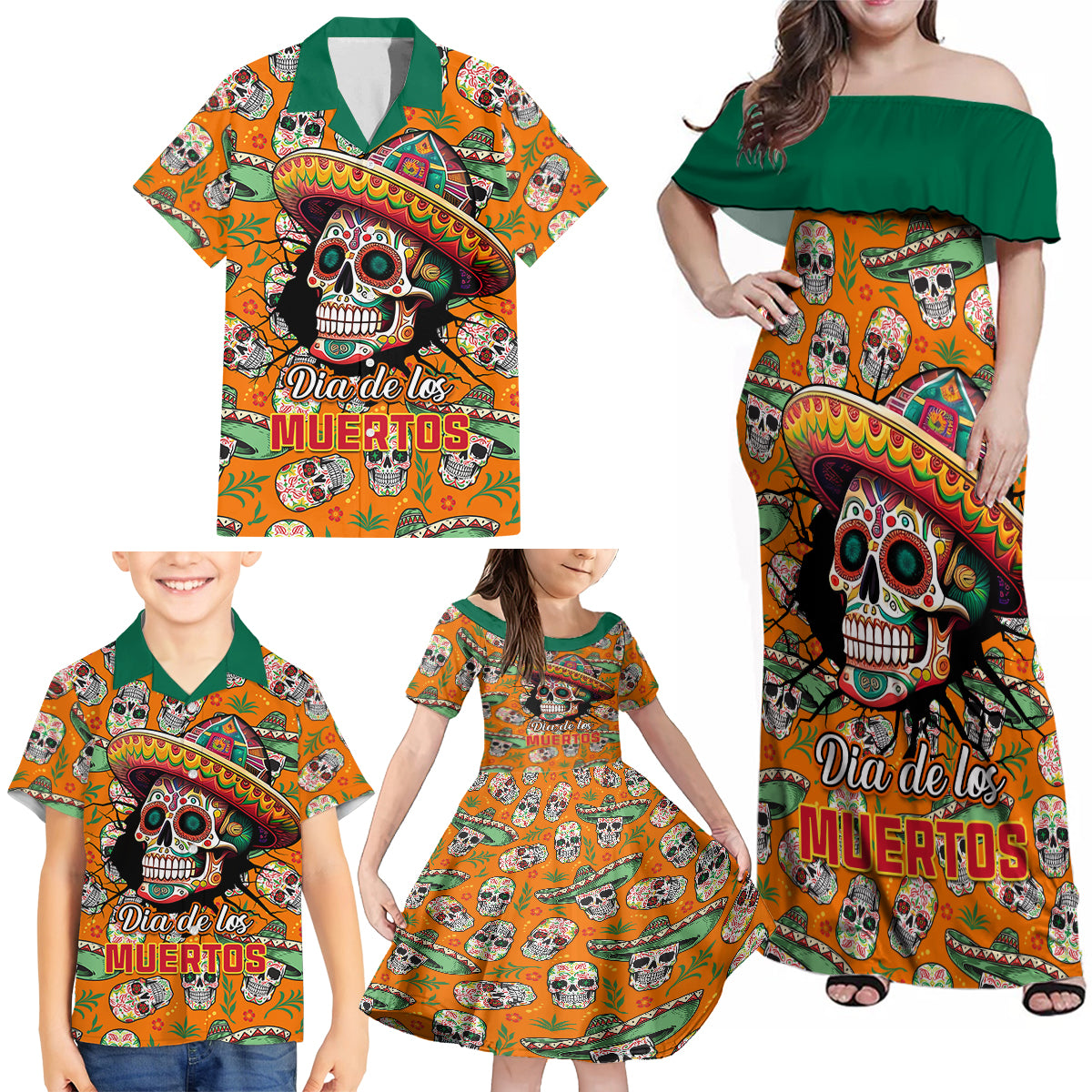 Personalised Day Of The Dead Family Matching Off Shoulder Maxi Dress and Hawaiian Shirt Sugar Skull Dia de los Muertos - Wonder Print Shop