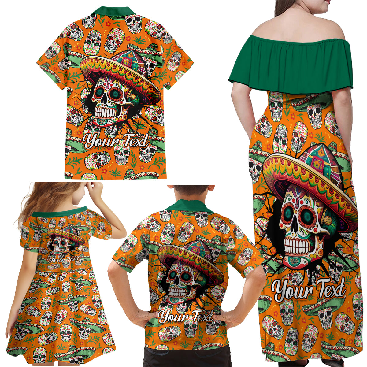 Personalised Day Of The Dead Family Matching Off Shoulder Maxi Dress and Hawaiian Shirt Sugar Skull Dia de los Muertos - Wonder Print Shop