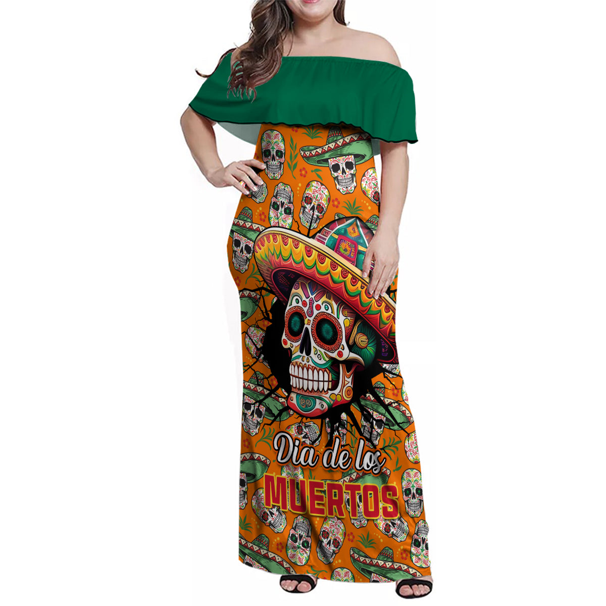 Personalised Day Of The Dead Family Matching Off Shoulder Maxi Dress and Hawaiian Shirt Sugar Skull Dia de los Muertos - Wonder Print Shop