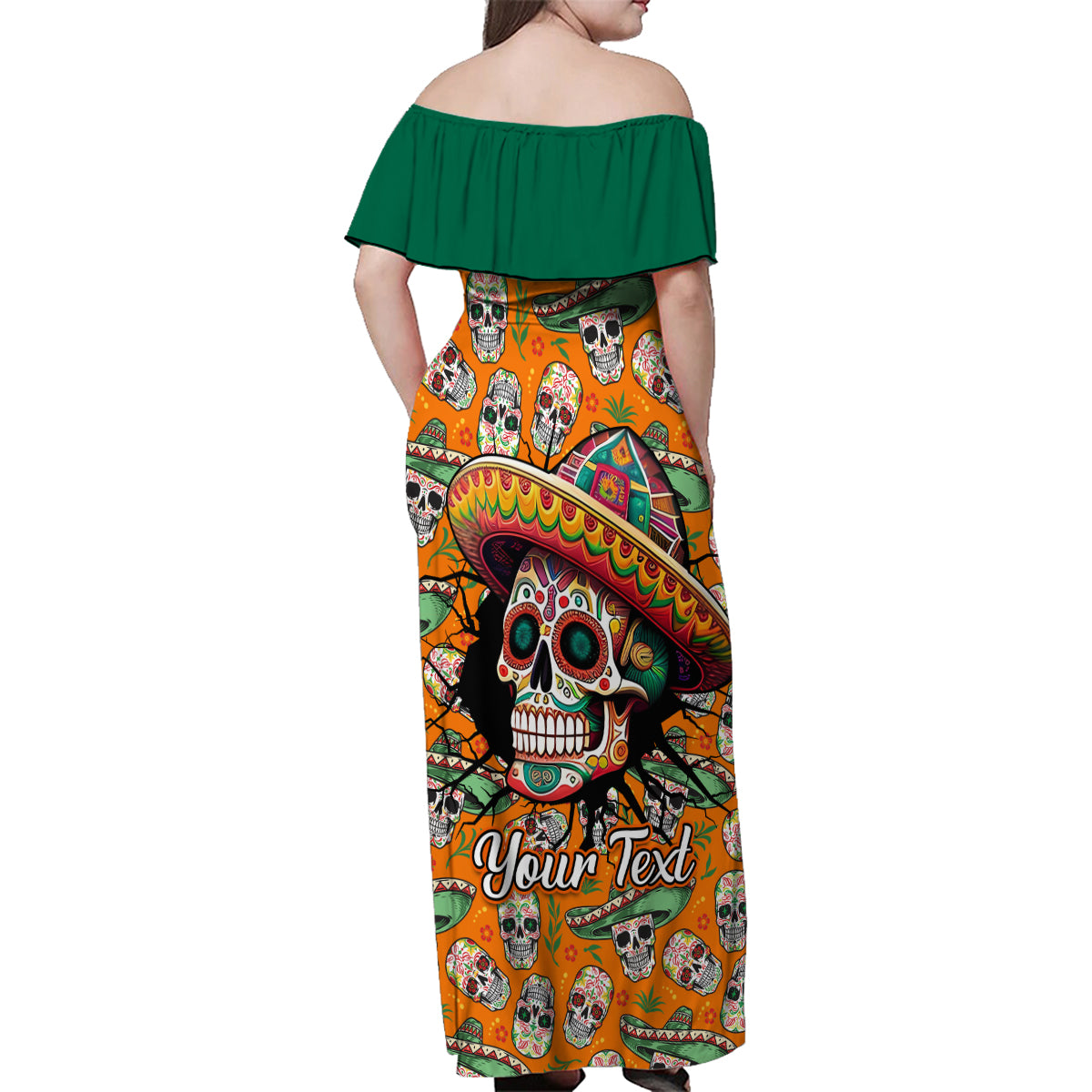 Personalised Day Of The Dead Family Matching Off Shoulder Maxi Dress and Hawaiian Shirt Sugar Skull Dia de los Muertos - Wonder Print Shop