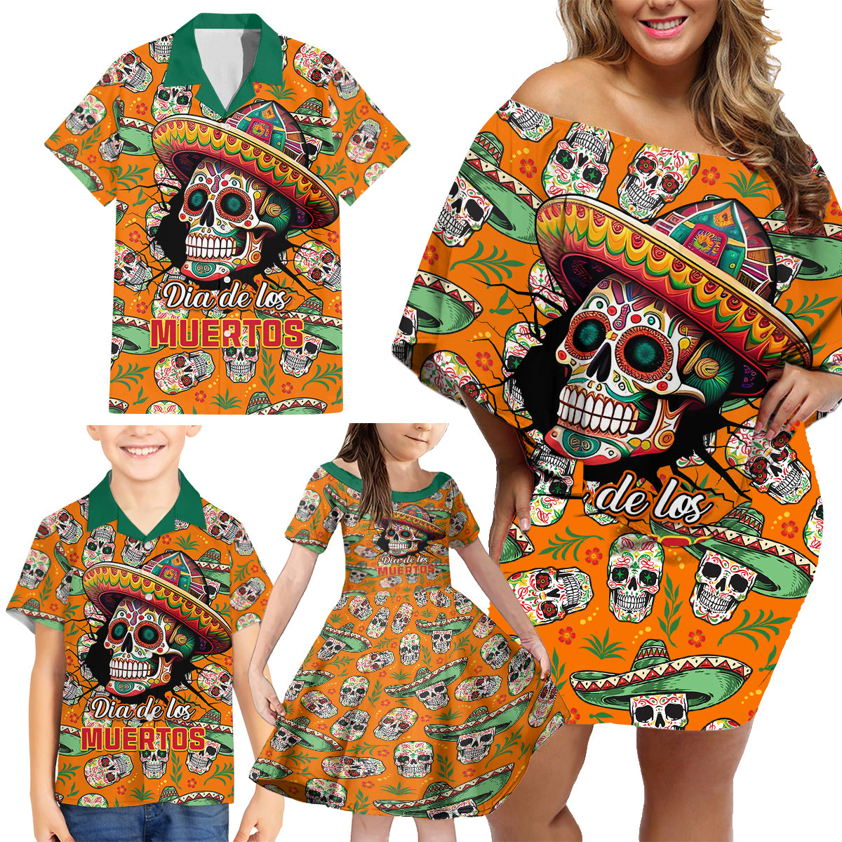 Personalised Day Of The Dead Family Matching Off Shoulder Short Dress and Hawaiian Shirt Sugar Skull Dia de los Muertos - Wonder Print Shop