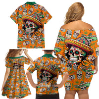 Personalised Day Of The Dead Family Matching Off Shoulder Short Dress and Hawaiian Shirt Sugar Skull Dia de los Muertos - Wonder Print Shop