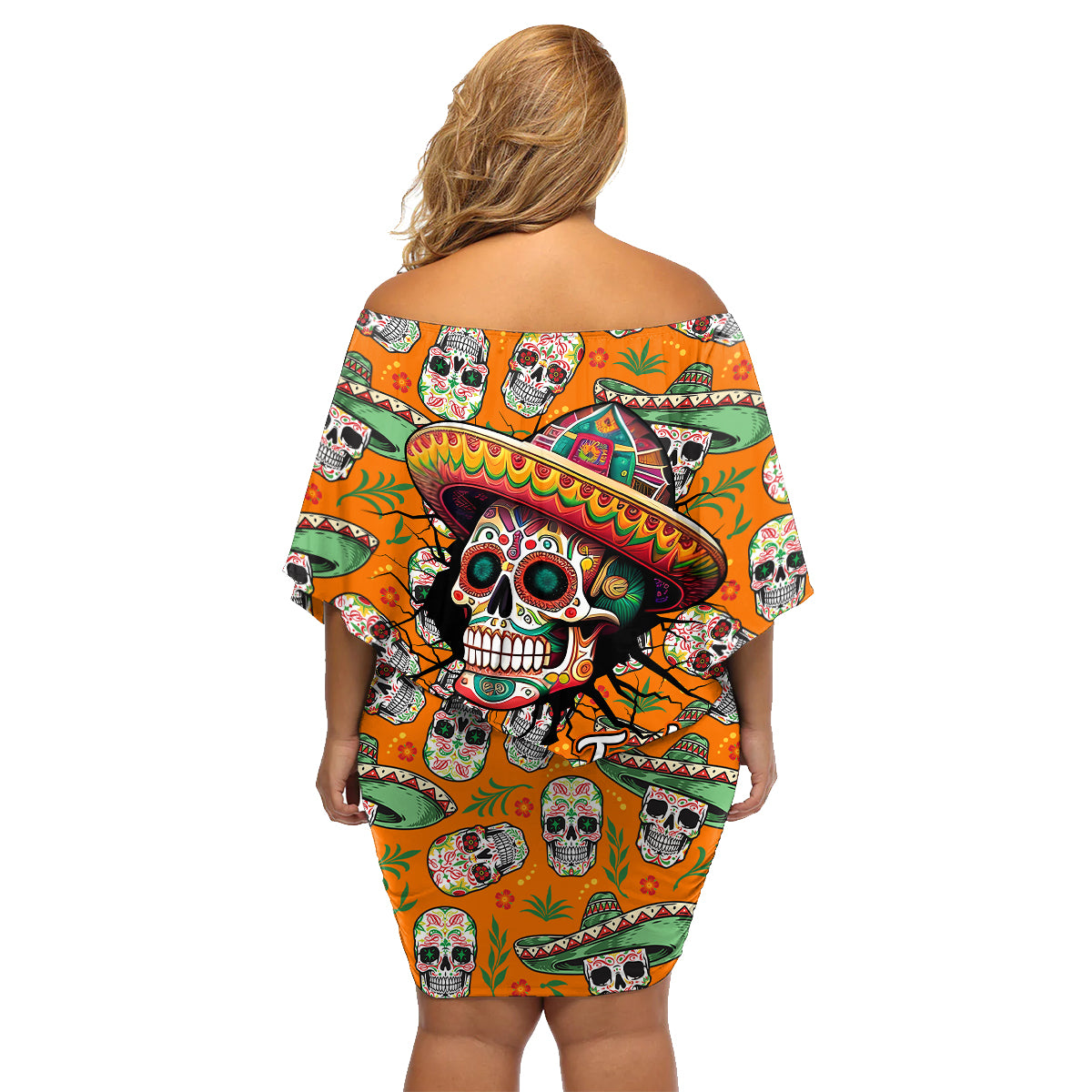 Personalised Day Of The Dead Family Matching Off Shoulder Short Dress and Hawaiian Shirt Sugar Skull Dia de los Muertos - Wonder Print Shop