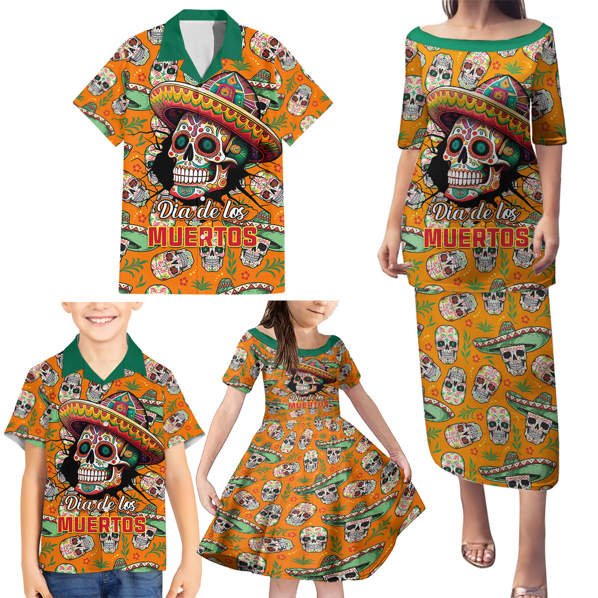 Personalised Day Of The Dead Family Matching Puletasi Dress and Hawaiian Shirt Sugar Skull Dia de los Muertos - Wonder Print Shop
