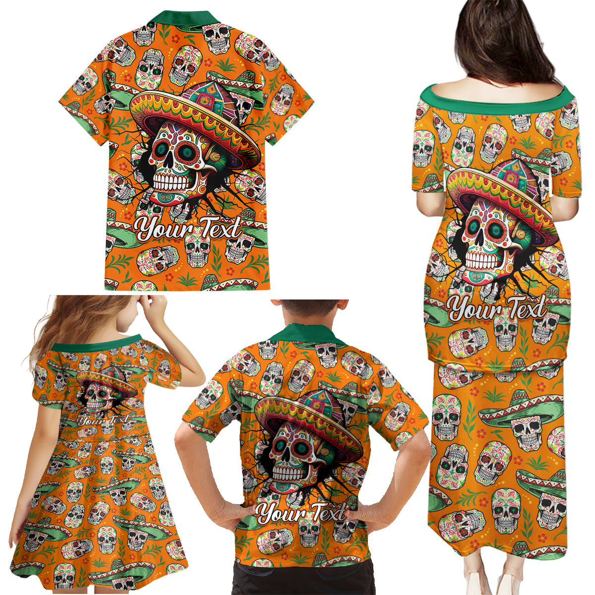 Personalised Day Of The Dead Family Matching Puletasi Dress and Hawaiian Shirt Sugar Skull Dia de los Muertos - Wonder Print Shop
