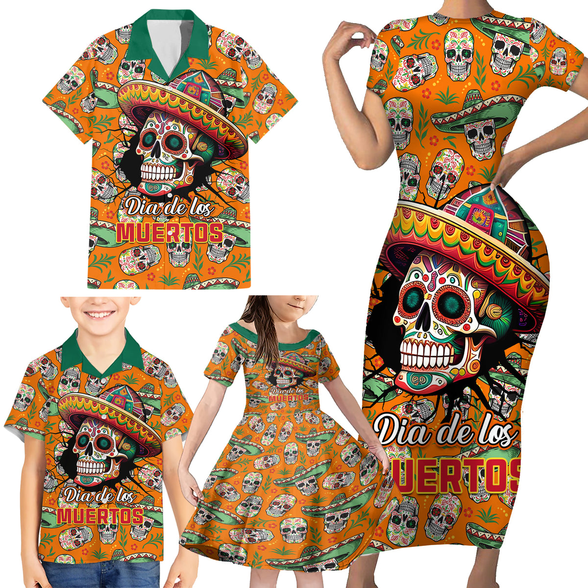 Personalised Day Of The Dead Family Matching Short Sleeve Bodycon Dress and Hawaiian Shirt Sugar Skull Dia de los Muertos - Wonder Print Shop