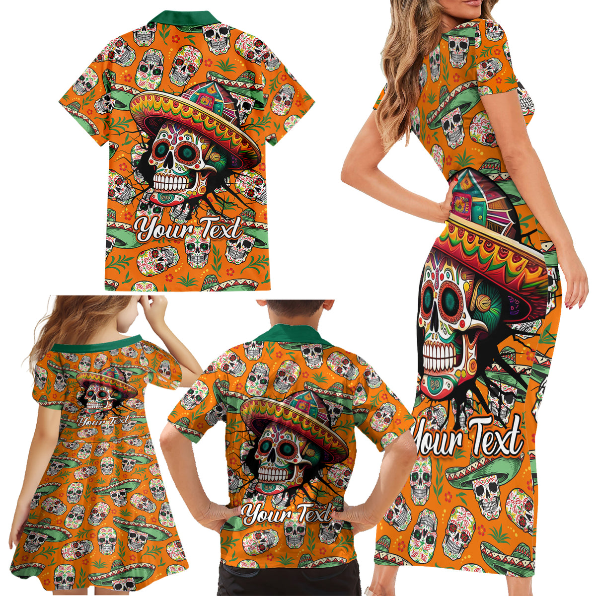 Personalised Day Of The Dead Family Matching Short Sleeve Bodycon Dress and Hawaiian Shirt Sugar Skull Dia de los Muertos - Wonder Print Shop