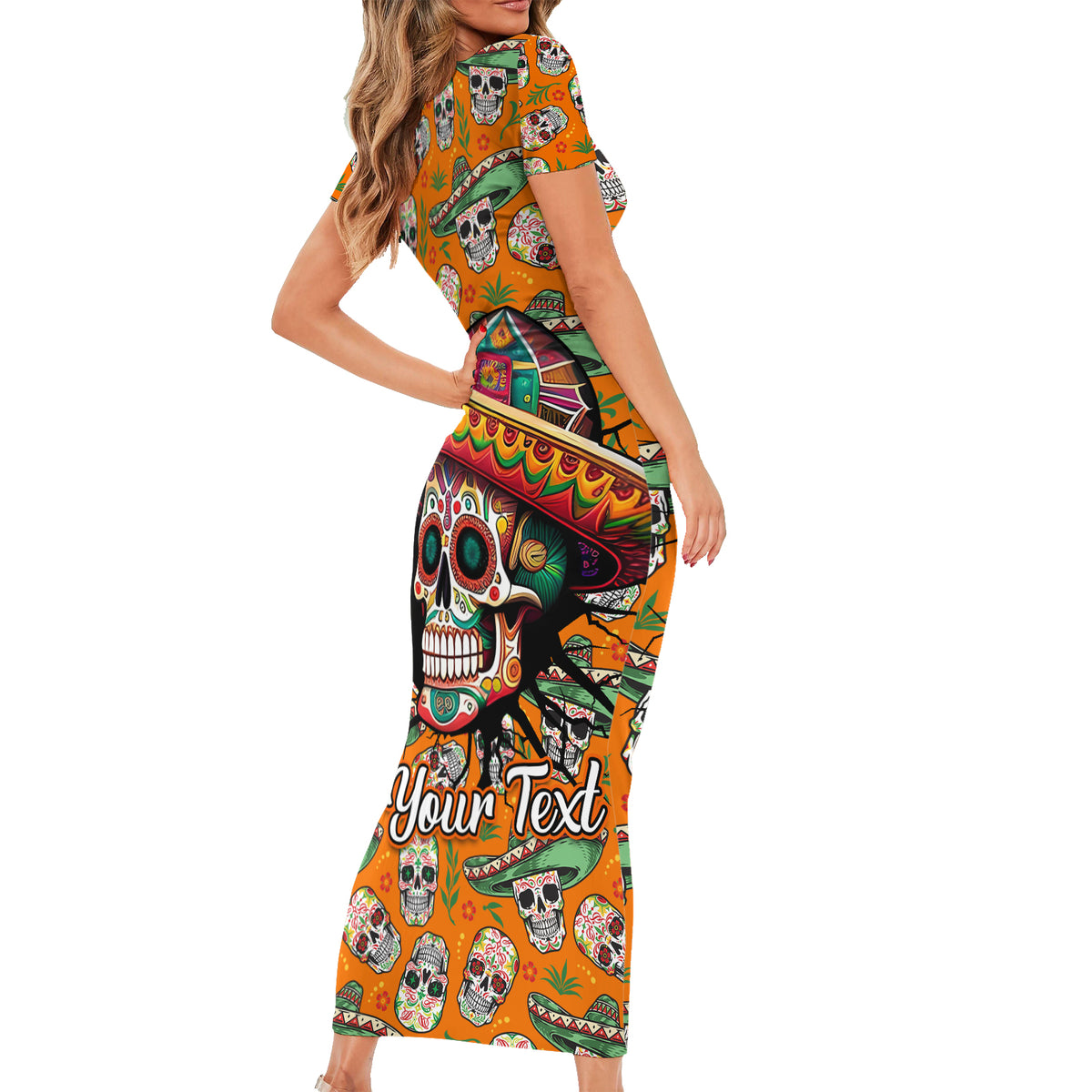 Personalised Day Of The Dead Family Matching Short Sleeve Bodycon Dress and Hawaiian Shirt Sugar Skull Dia de los Muertos - Wonder Print Shop