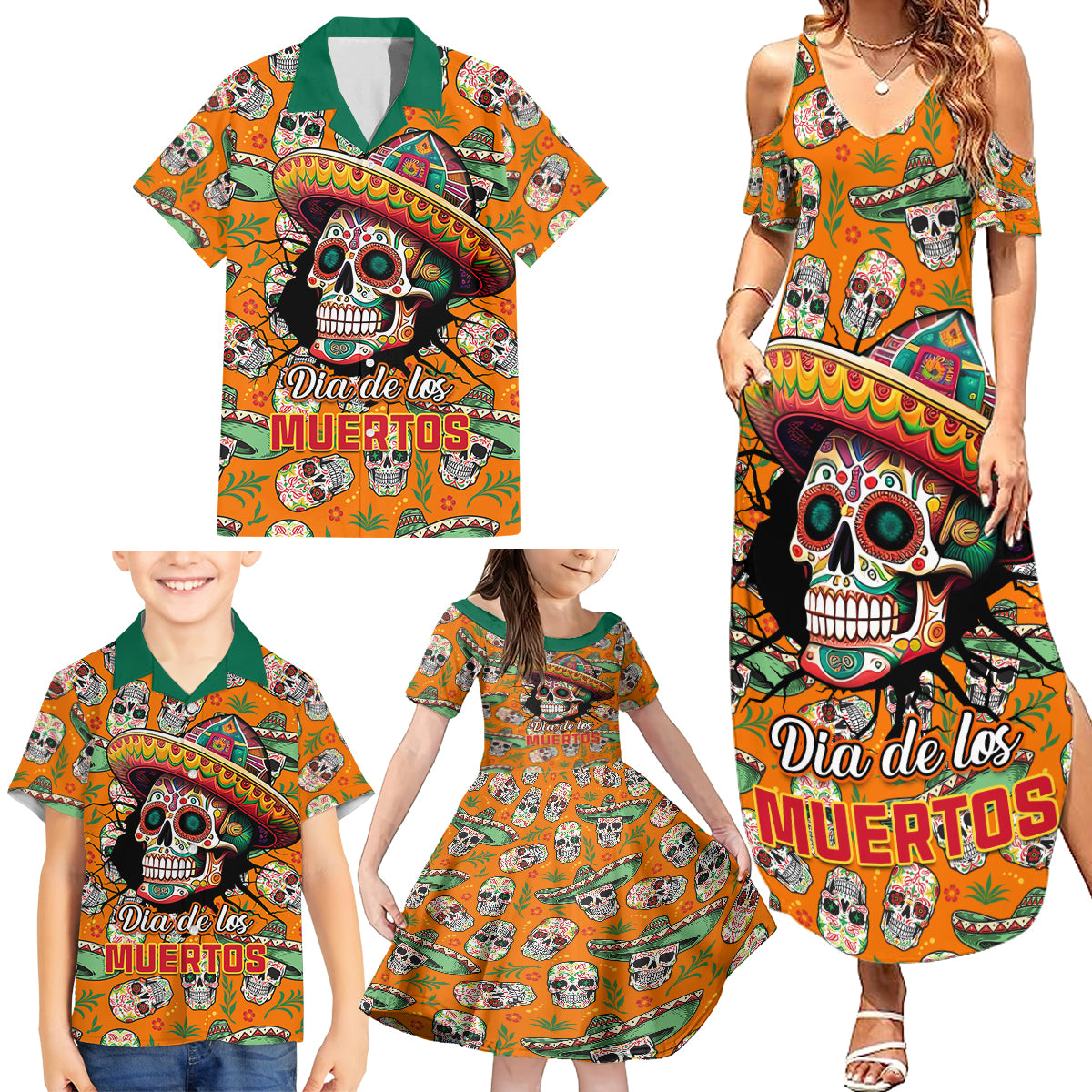Personalised Day Of The Dead Family Matching Summer Maxi Dress and Hawaiian Shirt Sugar Skull Dia de los Muertos - Wonder Print Shop