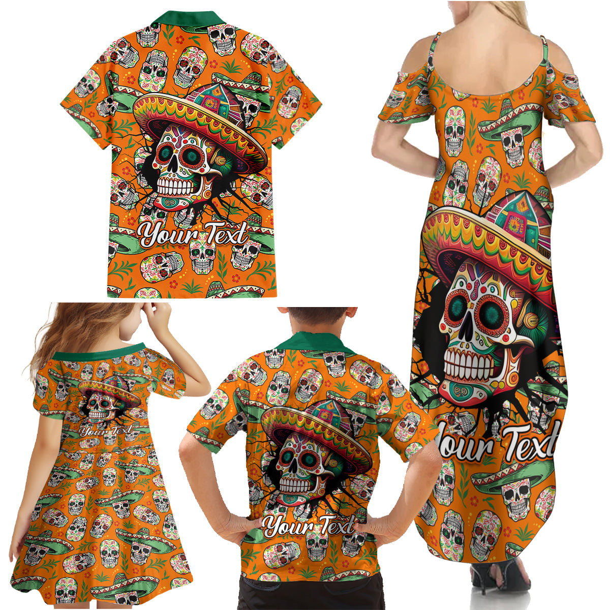 Personalised Day Of The Dead Family Matching Summer Maxi Dress and Hawaiian Shirt Sugar Skull Dia de los Muertos - Wonder Print Shop