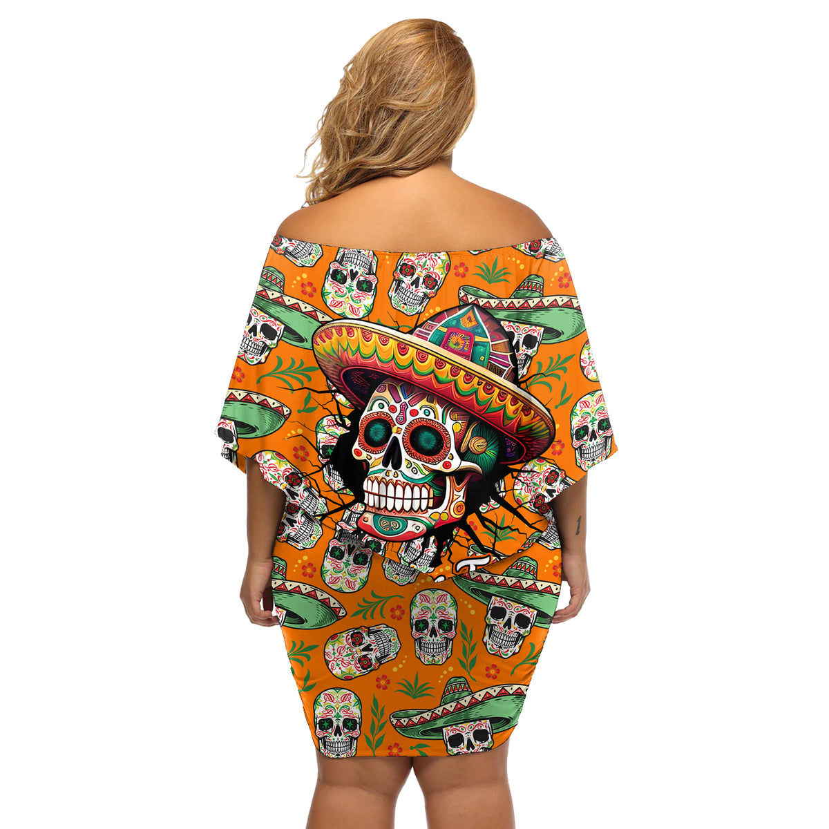 Personalised Day Of The Dead Off Shoulder Short Dress Sugar Skull Dia de los Muertos - Wonder Print Shop
