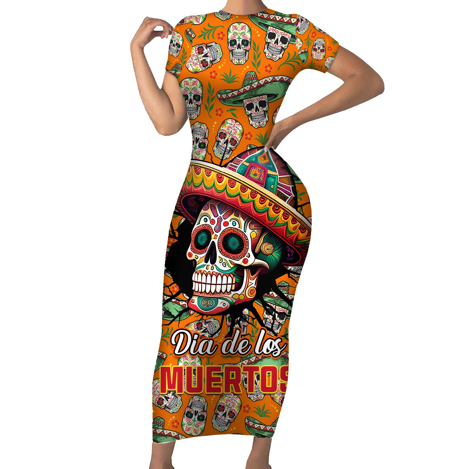 Personalised Day Of The Dead Short Sleeve Bodycon Dress Sugar Skull Dia de los Muertos - Wonder Print Shop