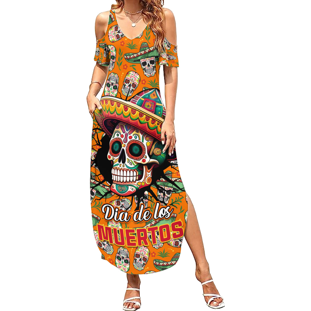 Personalised Day Of The Dead Summer Maxi Dress Sugar Skull Dia de los Muertos - Wonder Print Shop