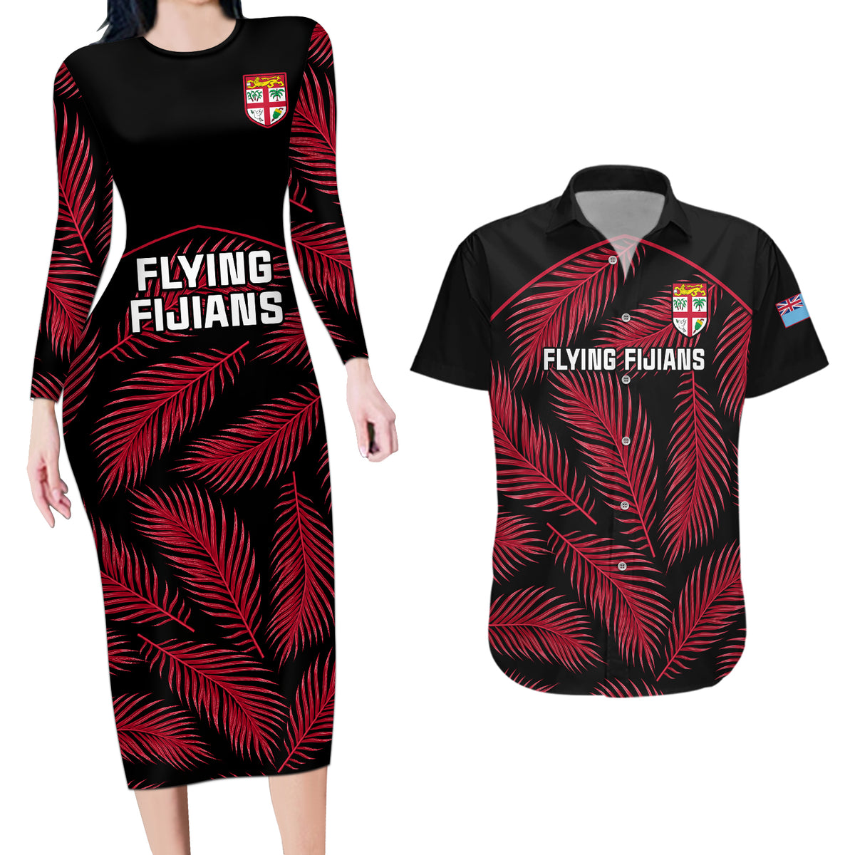 Fiji Rugby Couples Matching Long Sleeve Bodycon Dress and Hawaiian Shirt Flying Fijians Red Palm Tree Version - Wonder Print Shop