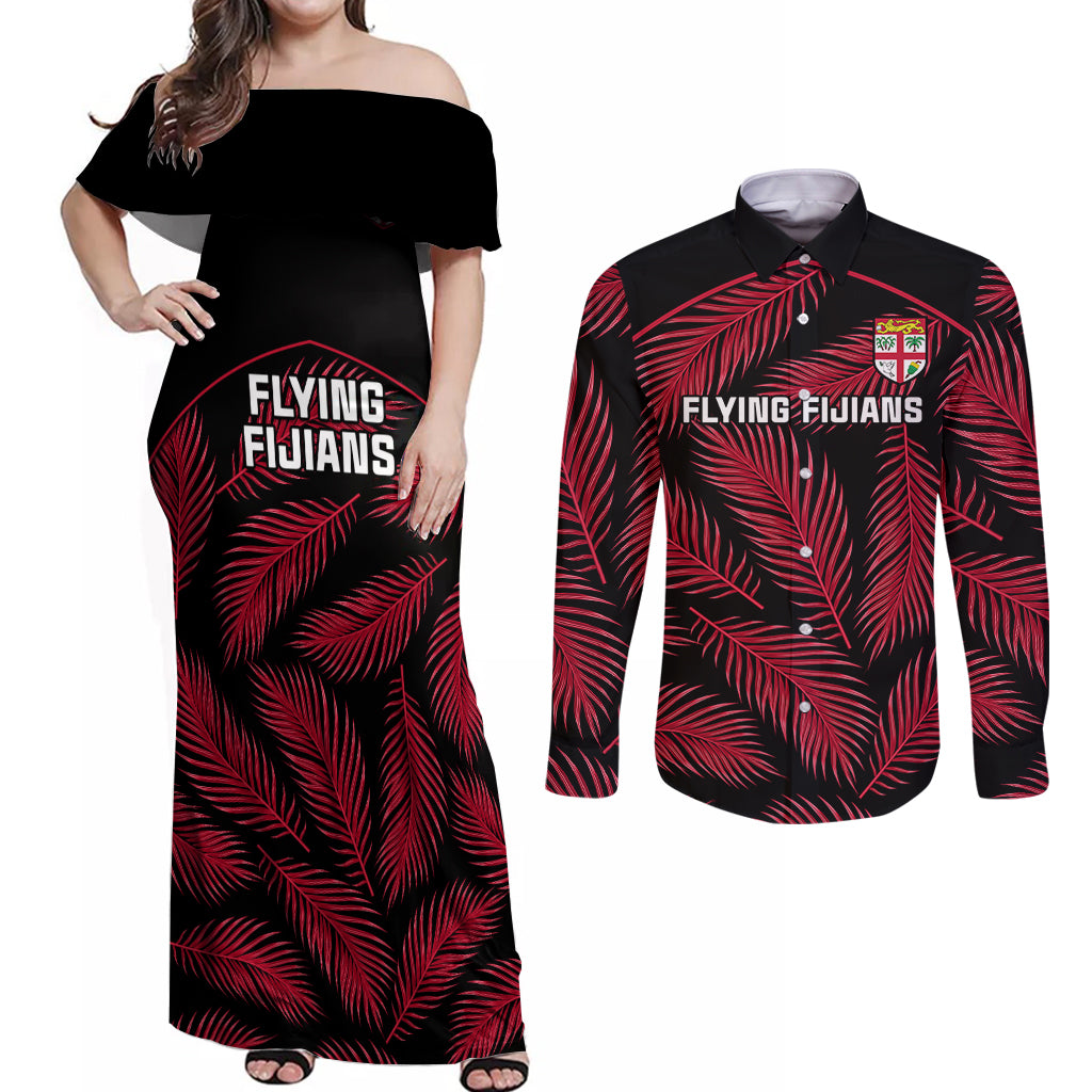 Fiji Rugby Couples Matching Off Shoulder Maxi Dress and Long Sleeve Button Shirts Flying Fijians Red Palm Tree Version - Wonder Print Shop