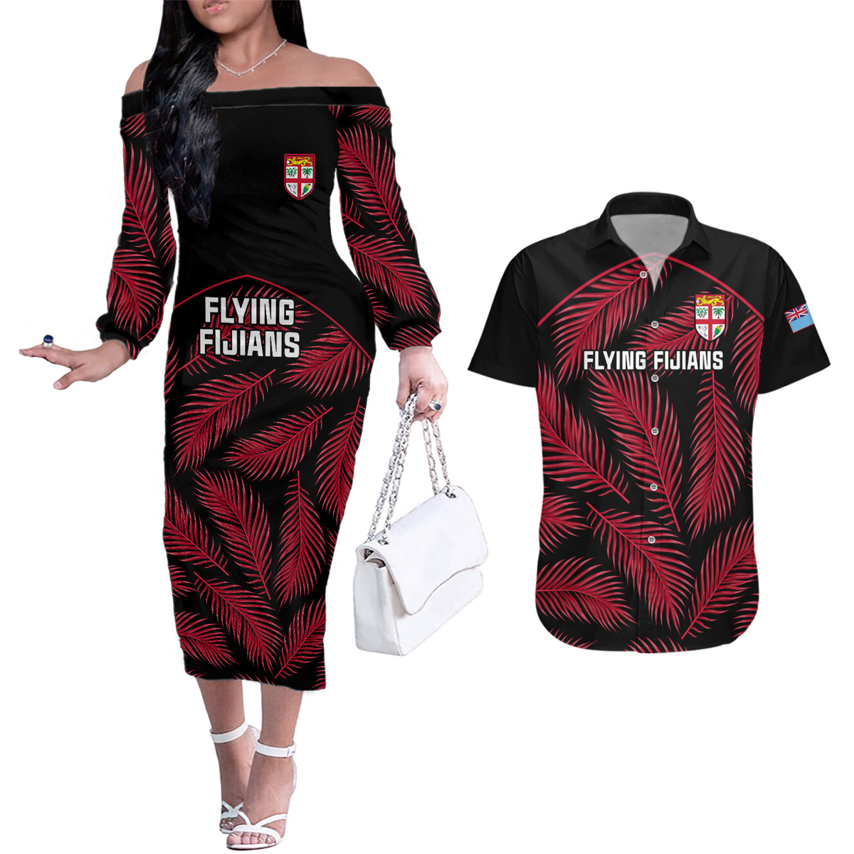 Fiji Rugby Couples Matching Off The Shoulder Long Sleeve Dress and Hawaiian Shirt Flying Fijians Red Palm Tree Version - Wonder Print Shop