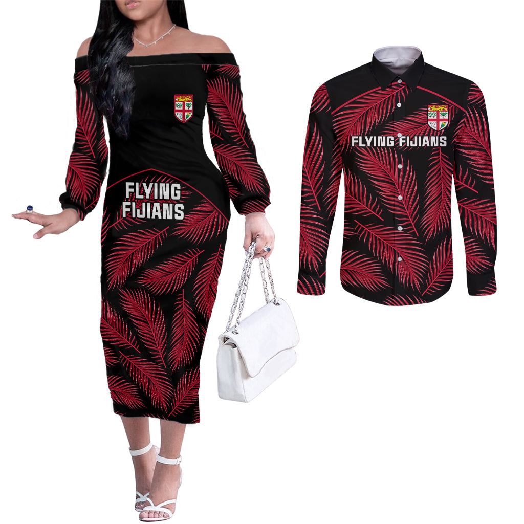 fiji-rugby-couples-matching-off-the-shoulder-long-sleeve-dress-and-long-sleeve-button-shirts-flying-fijians-red-palm-tree-version