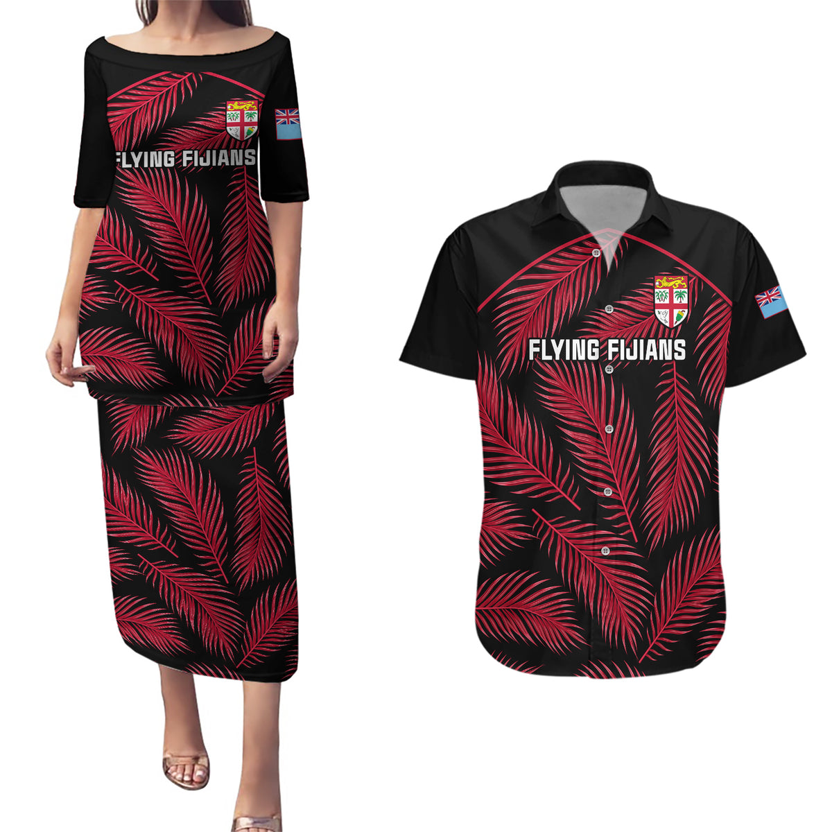 Fiji Rugby Couples Matching Puletasi Dress and Hawaiian Shirt Flying Fijians Red Palm Tree Version - Wonder Print Shop