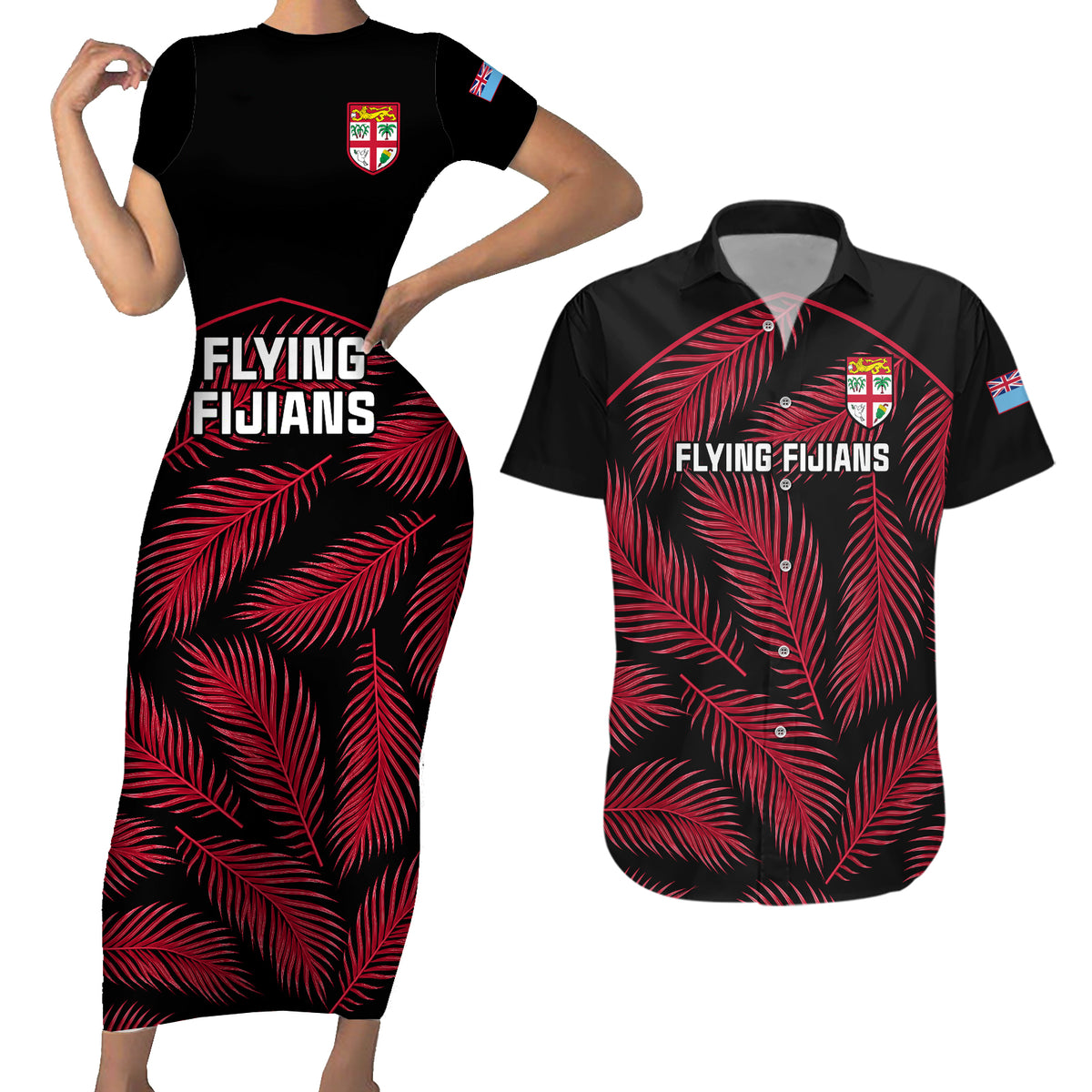 Fiji Rugby Couples Matching Short Sleeve Bodycon Dress and Hawaiian Shirt Flying Fijians Red Palm Tree Version - Wonder Print Shop