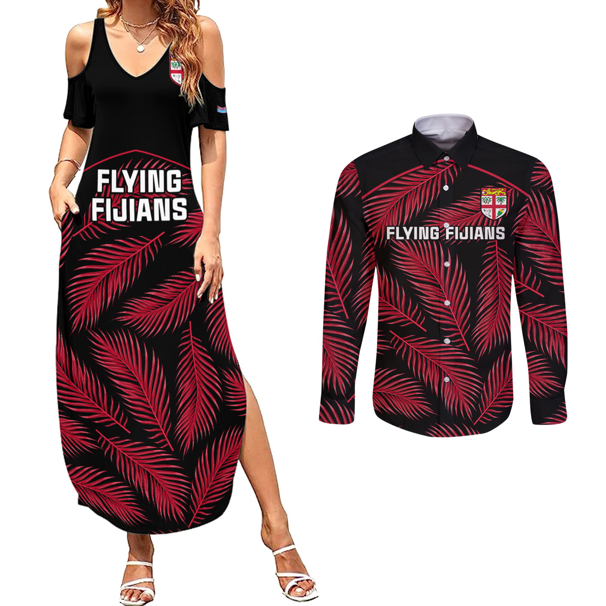 Fiji Rugby Couples Matching Summer Maxi Dress and Long Sleeve Button Shirts Flying Fijians Red Palm Tree Version - Wonder Print Shop