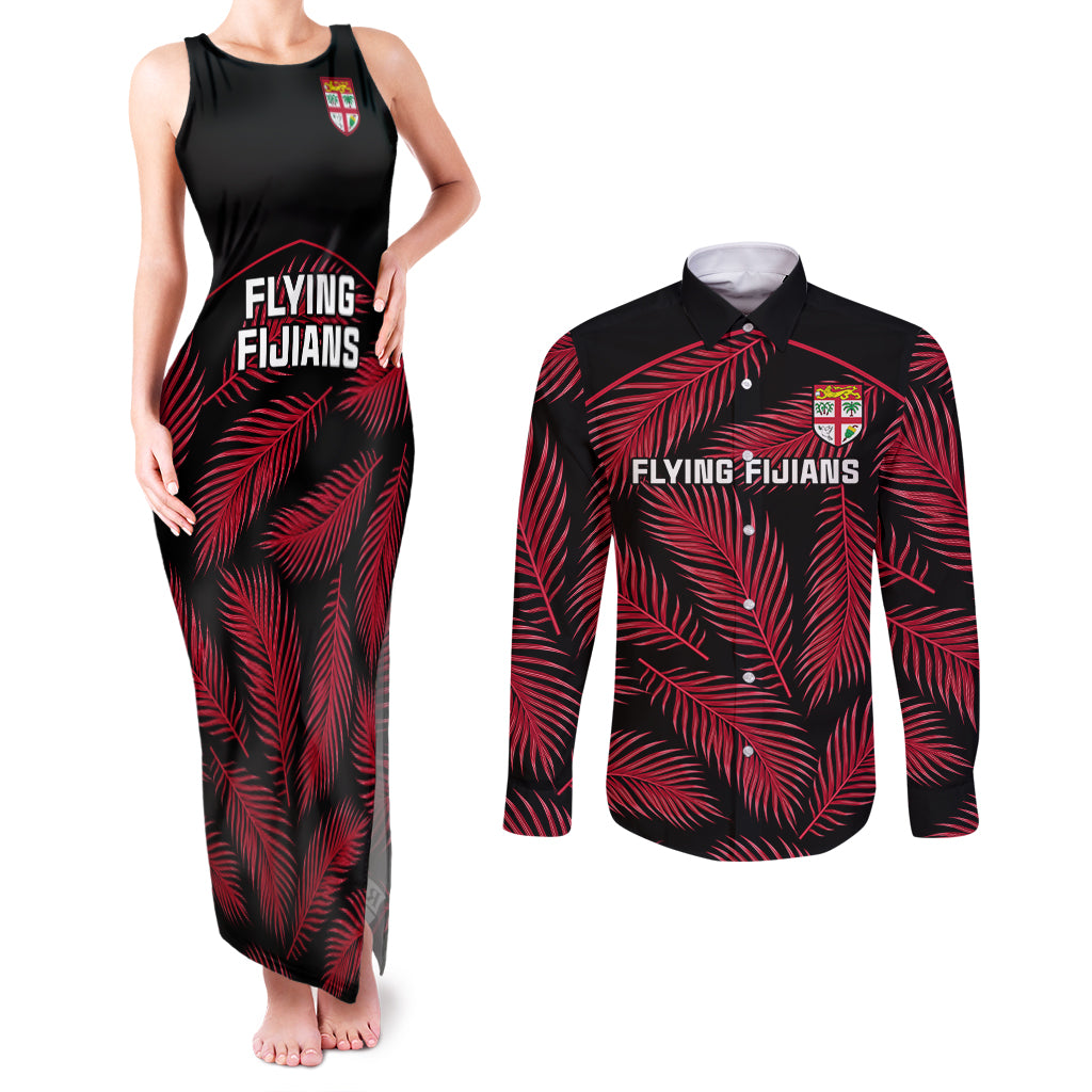 Fiji Rugby Couples Matching Tank Maxi Dress and Long Sleeve Button Shirts Flying Fijians Red Palm Tree Version - Wonder Print Shop