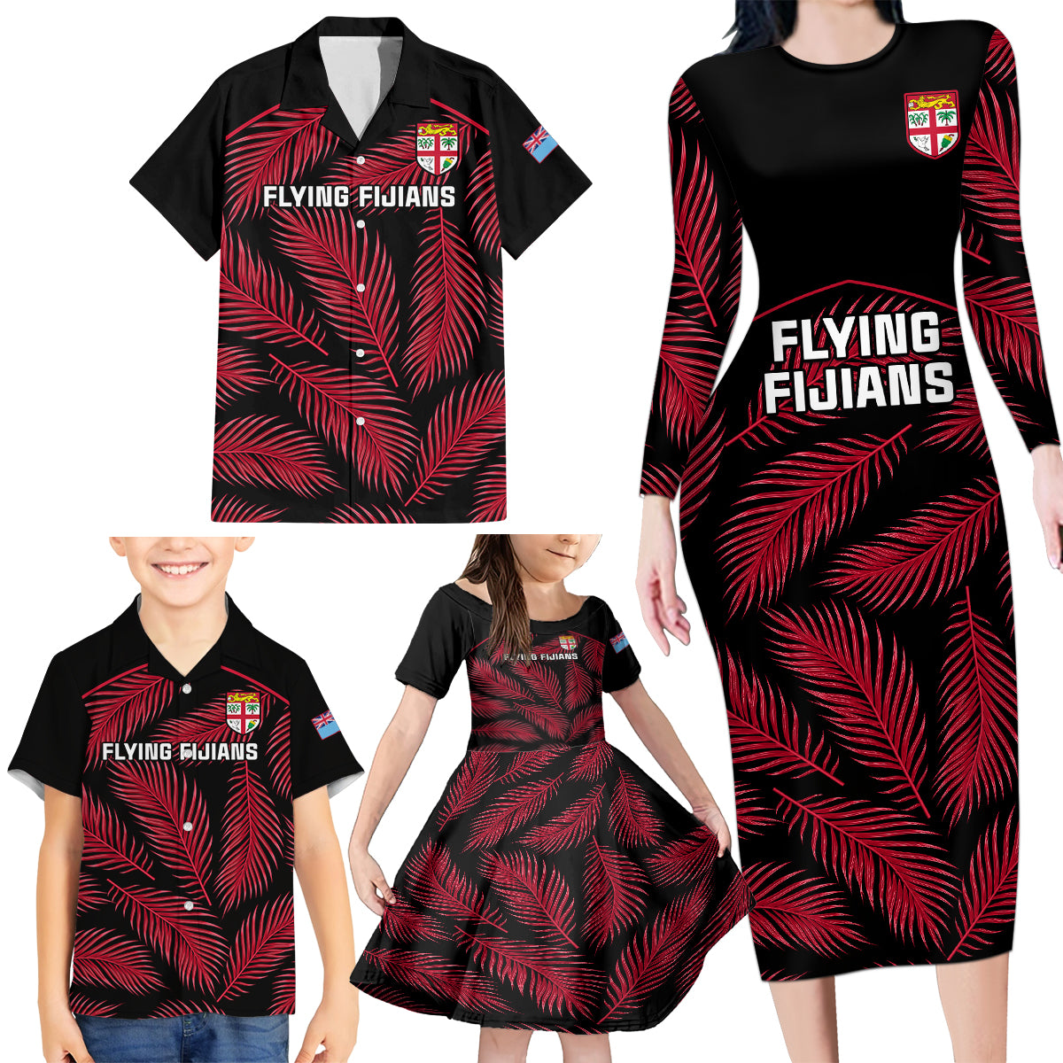 Fiji Rugby Family Matching Long Sleeve Bodycon Dress and Hawaiian Shirt Flying Fijians Red Palm Tree Version - Wonder Print Shop