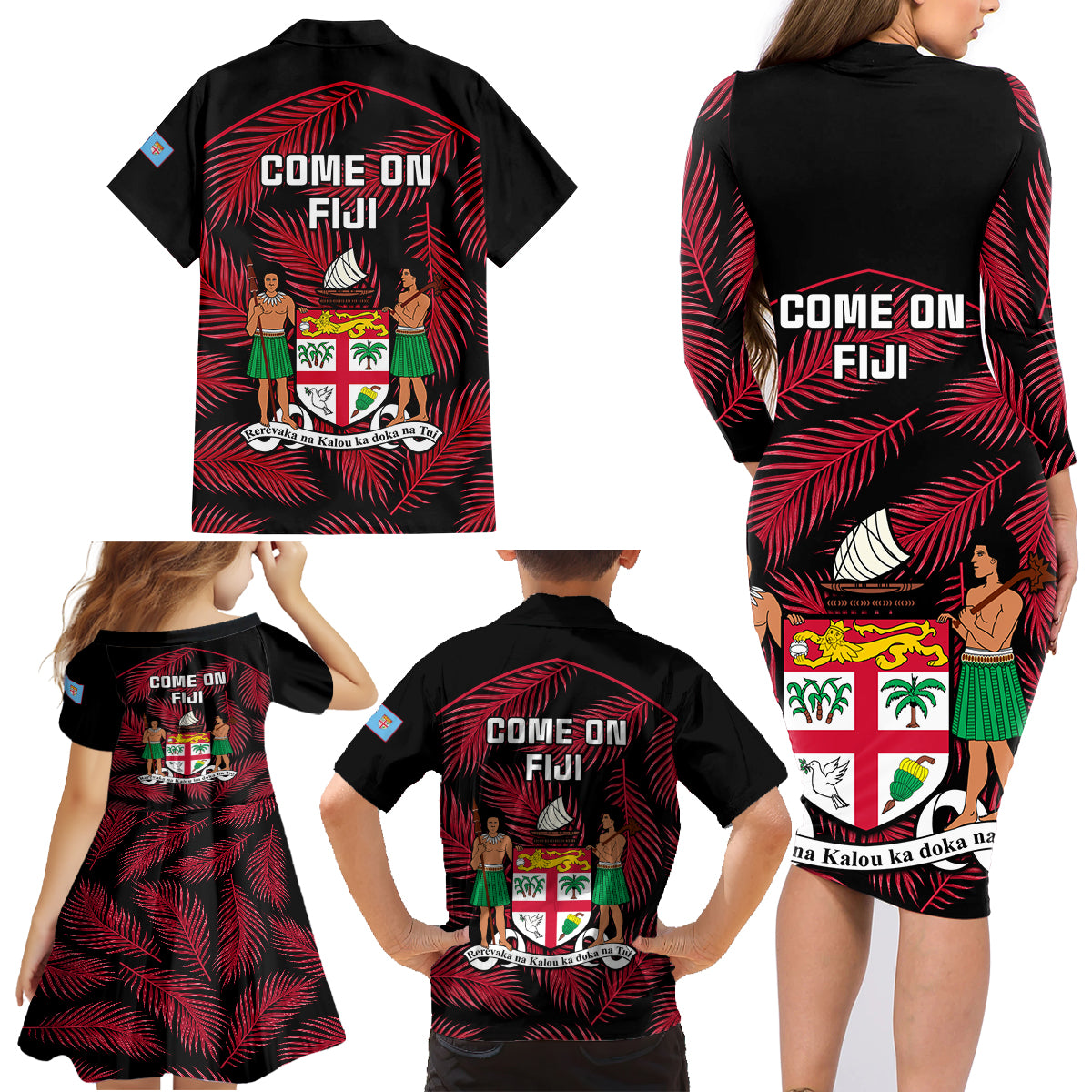 Fiji Rugby Family Matching Long Sleeve Bodycon Dress and Hawaiian Shirt Flying Fijians Red Palm Tree Version - Wonder Print Shop
