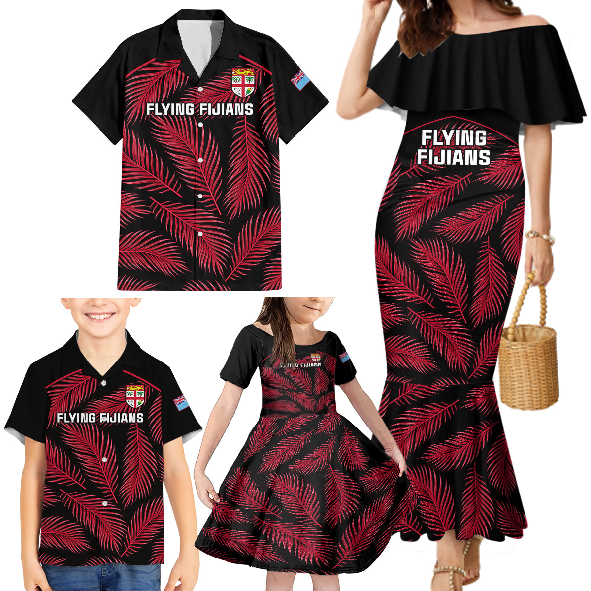 Fiji Rugby Family Matching Mermaid Dress and Hawaiian Shirt Flying Fijians Red Palm Tree Version - Wonder Print Shop