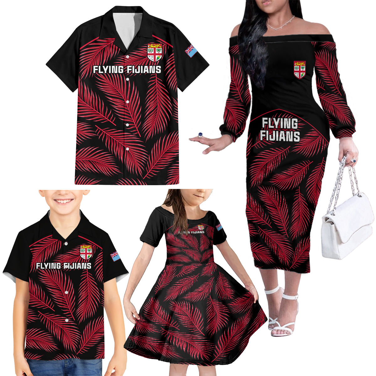 Fiji Rugby Family Matching Off Shoulder Long Sleeve Dress and Hawaiian Shirt Flying Fijians Red Palm Tree Version - Wonder Print Shop