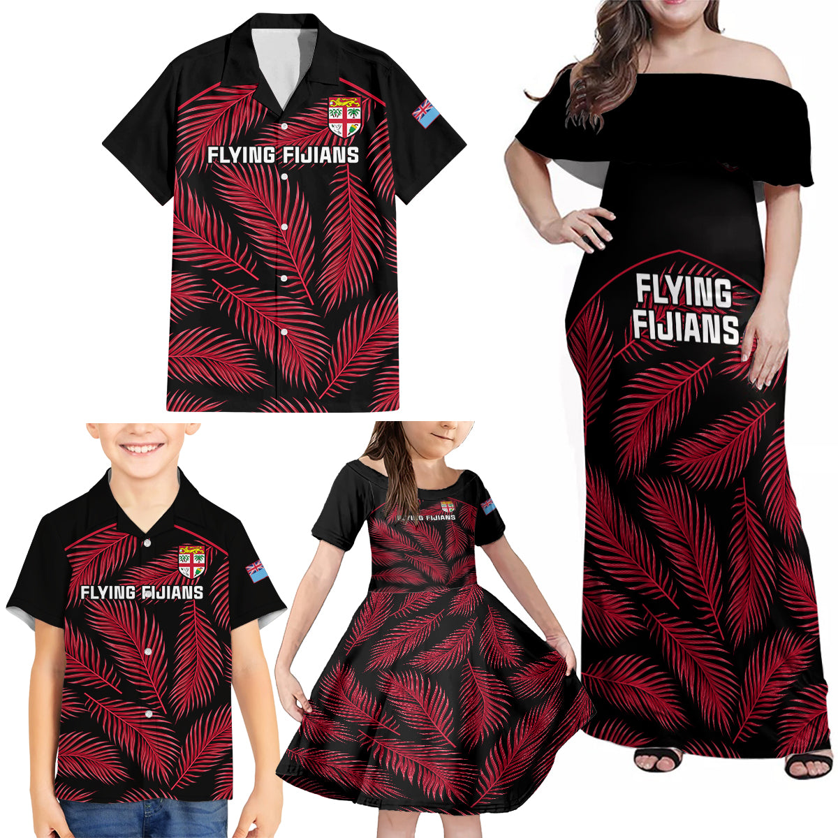 Fiji Rugby Family Matching Off Shoulder Maxi Dress and Hawaiian Shirt Flying Fijians Red Palm Tree Version - Wonder Print Shop