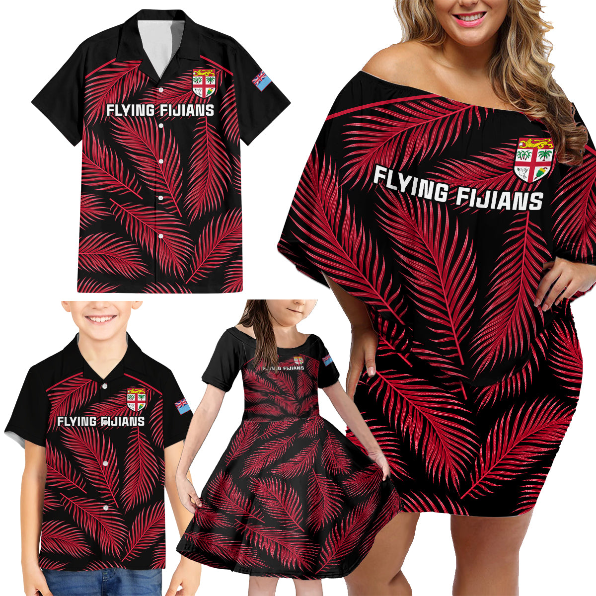 Fiji Rugby Family Matching Off Shoulder Short Dress and Hawaiian Shirt Flying Fijians Red Palm Tree Version - Wonder Print Shop