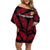 Fiji Rugby Family Matching Off Shoulder Short Dress and Hawaiian Shirt Flying Fijians Red Palm Tree Version - Wonder Print Shop