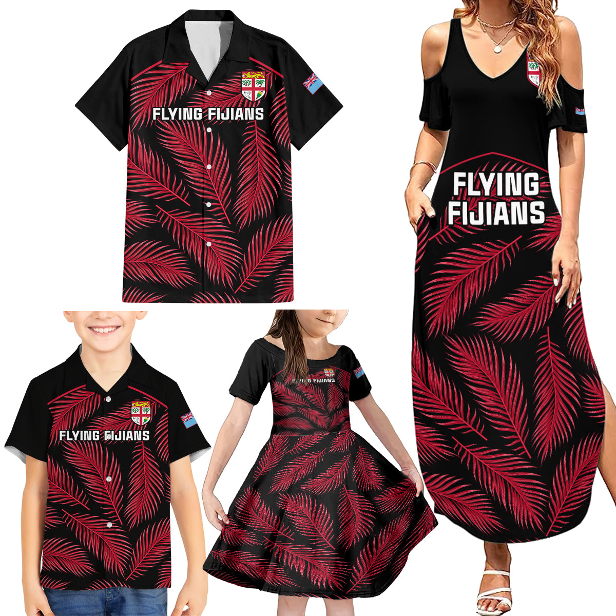 Fiji Rugby Family Matching Summer Maxi Dress and Hawaiian Shirt Flying Fijians Red Palm Tree Version - Wonder Print Shop