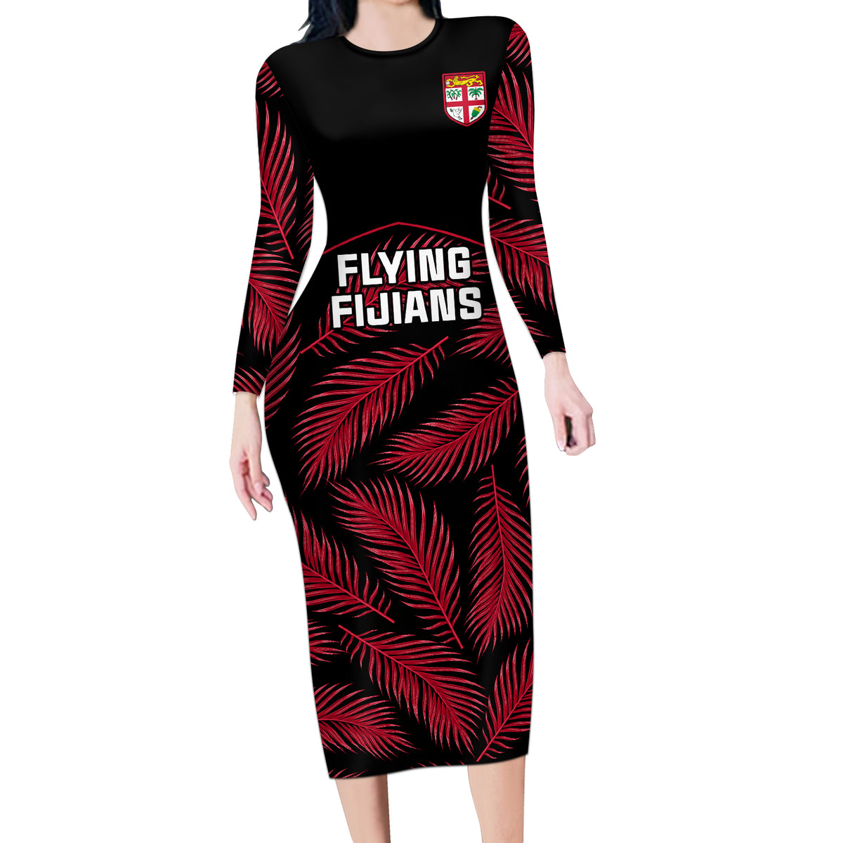 Fiji Rugby Long Sleeve Bodycon Dress Flying Fijians Red Palm Tree Version - Wonder Print Shop