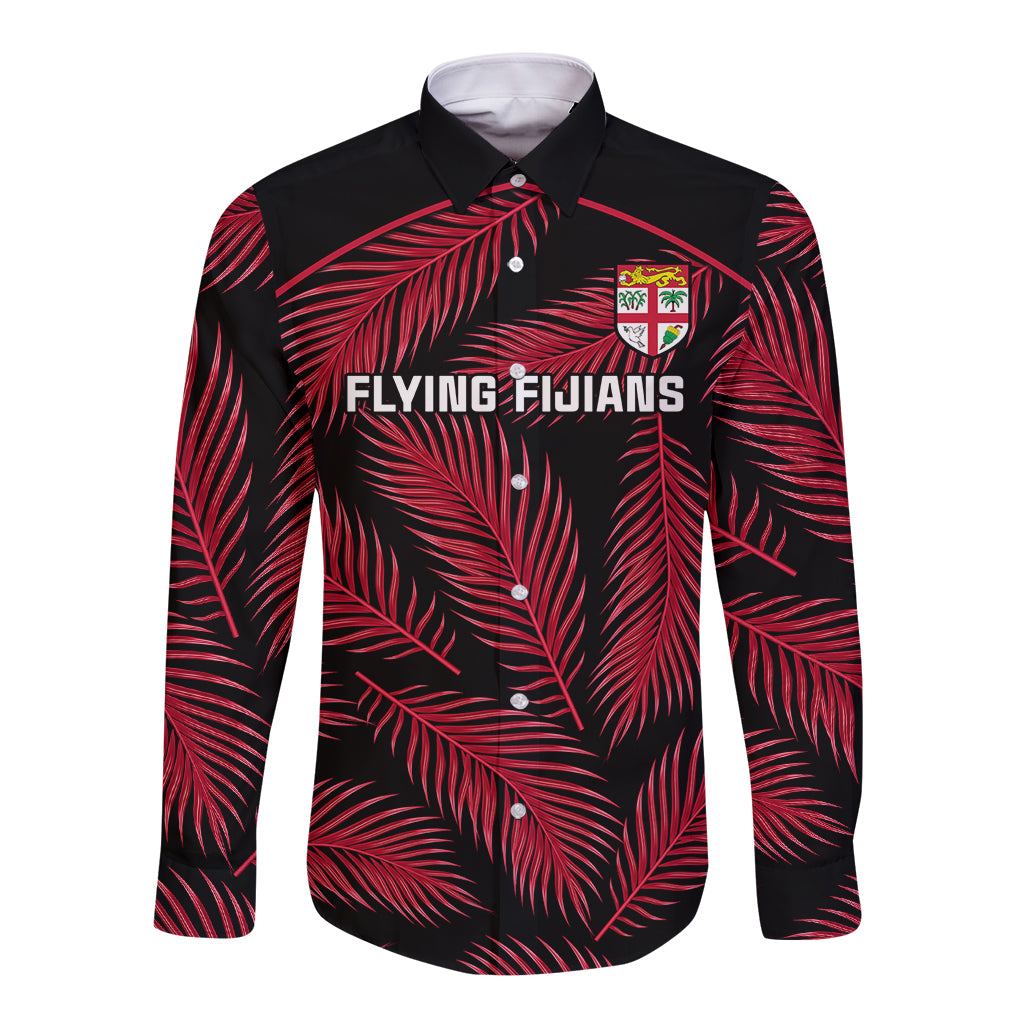 Fiji Rugby Long Sleeve Button Shirt Flying Fijians Red Palm Tree Version - Wonder Print Shop