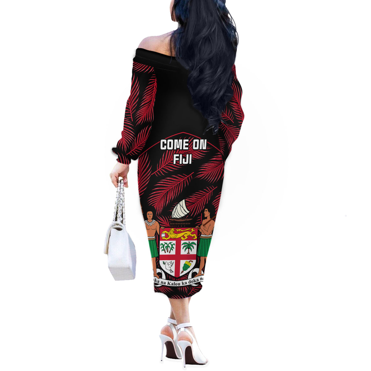 Fiji Rugby Off The Shoulder Long Sleeve Dress Flying Fijians Red Palm Tree Version - Wonder Print Shop