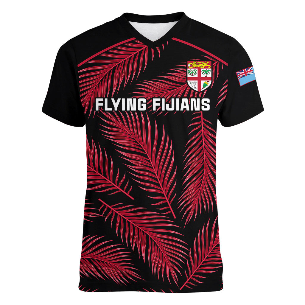 Fiji Rugby Women V Neck T Shirt Flying Fijians Red Palm Tree Version - Wonder Print Shop