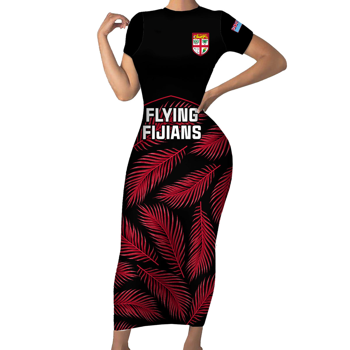Custom Fiji Rugby Short Sleeve Bodycon Dress Flying Fijians Red Palm Tree Version - Wonder Print Shop