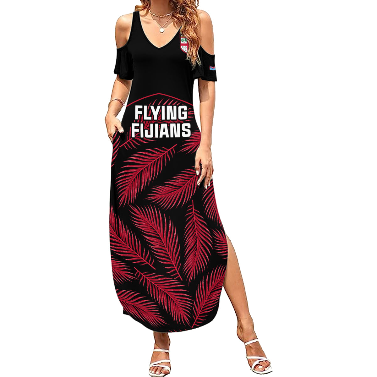 Custom Fiji Rugby Summer Maxi Dress Flying Fijians Red Palm Tree Version - Wonder Print Shop