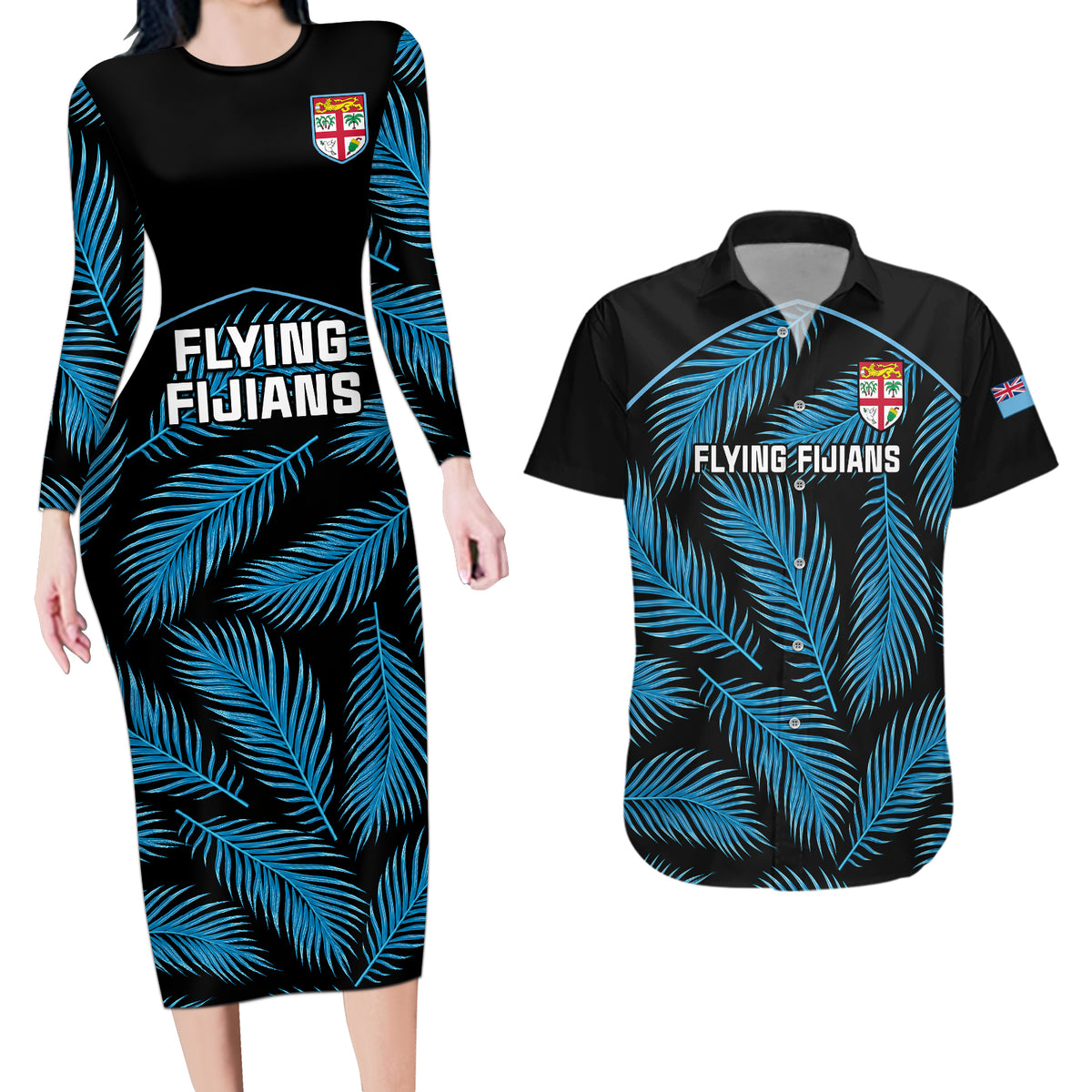 Fiji Rugby Couples Matching Long Sleeve Bodycon Dress and Hawaiian Shirt Flying Fijians Blue Palm Tree Version - Wonder Print Shop