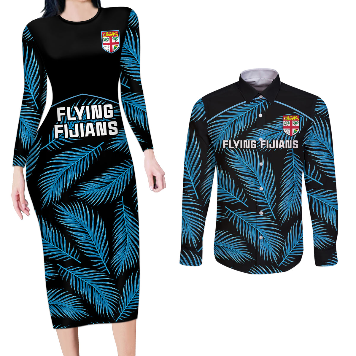 Fiji Rugby Couples Matching Long Sleeve Bodycon Dress and Long Sleeve Button Shirts Flying Fijians Blue Palm Tree Version - Wonder Print Shop