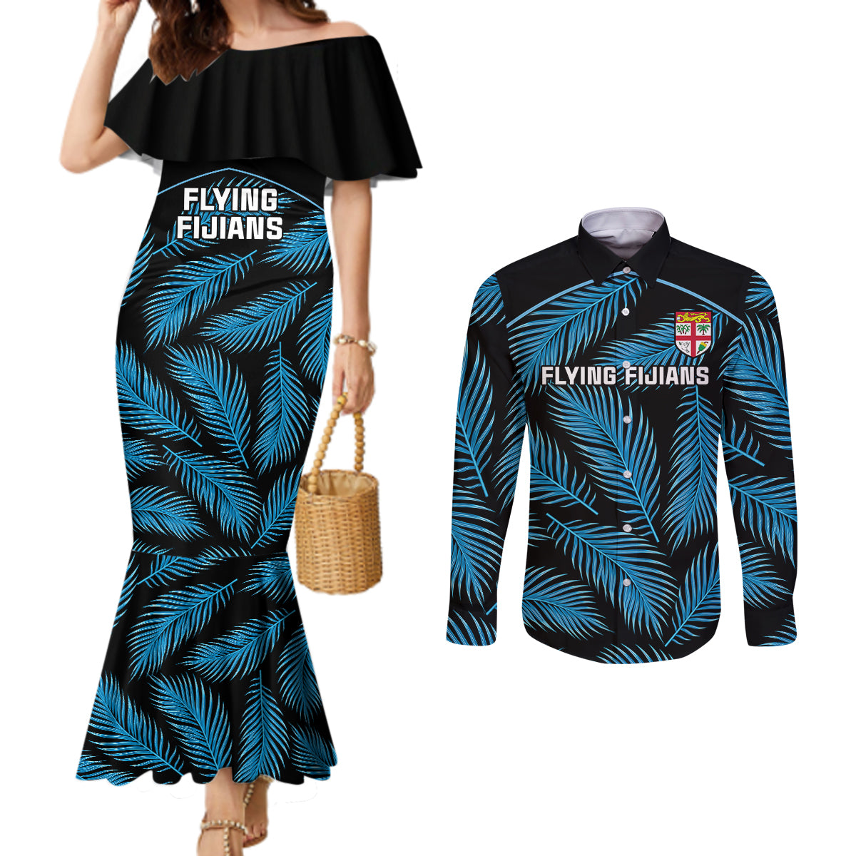 fiji-rugby-couples-matching-mermaid-dress-and-long-sleeve-button-shirts-flying-fijians-blue-palm-tree-version