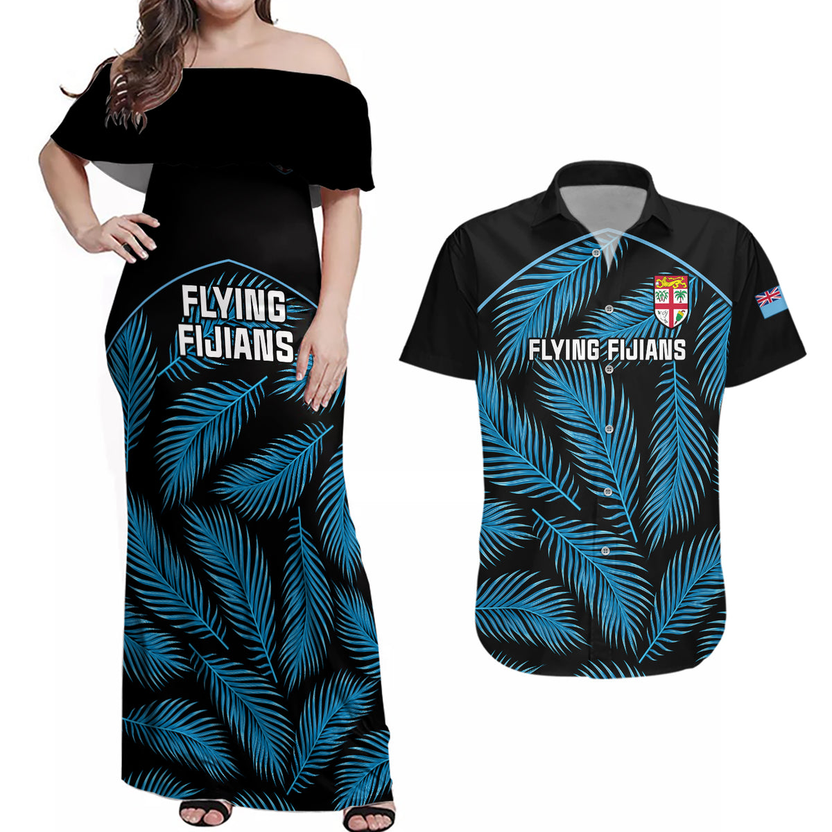 Fiji Rugby Couples Matching Off Shoulder Maxi Dress and Hawaiian Shirt Flying Fijians Blue Palm Tree Version - Wonder Print Shop