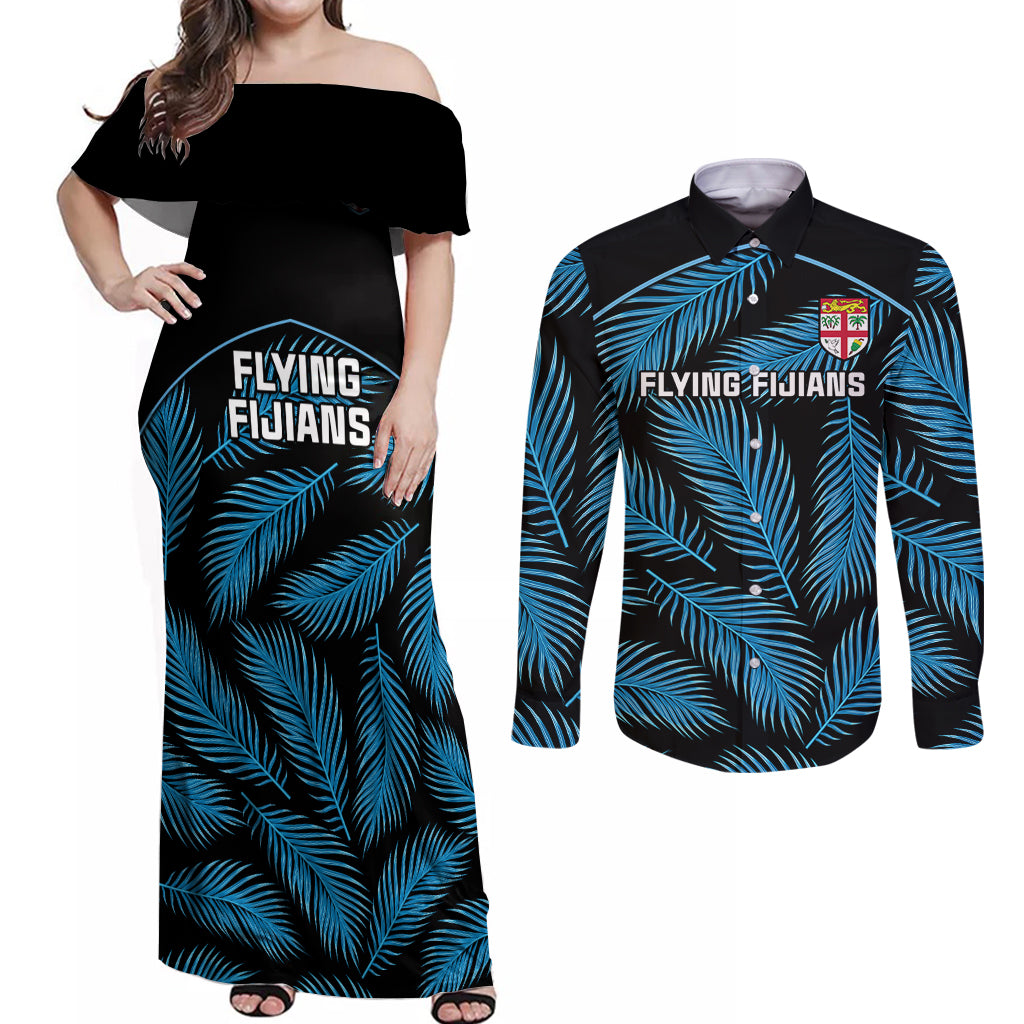 Fiji Rugby Couples Matching Off Shoulder Maxi Dress and Long Sleeve Button Shirts Flying Fijians Blue Palm Tree Version - Wonder Print Shop