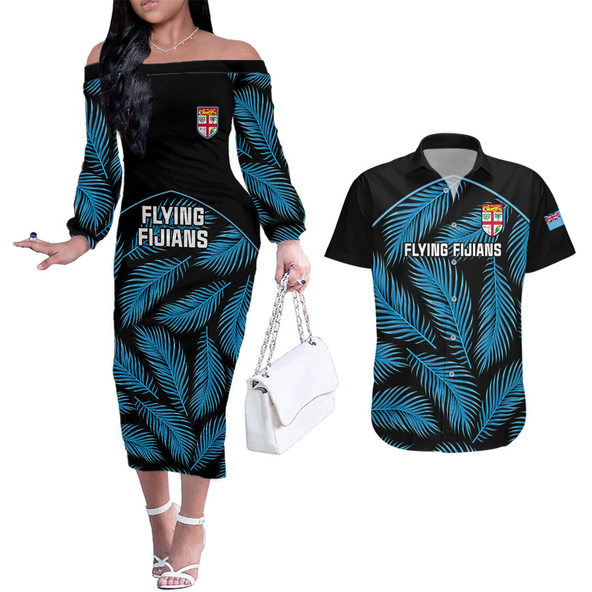 Fiji Rugby Couples Matching Off The Shoulder Long Sleeve Dress and Hawaiian Shirt Flying Fijians Blue Palm Tree Version - Wonder Print Shop
