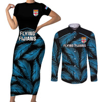 Fiji Rugby Couples Matching Short Sleeve Bodycon Dress and Long Sleeve Button Shirts Flying Fijians Blue Palm Tree Version - Wonder Print Shop