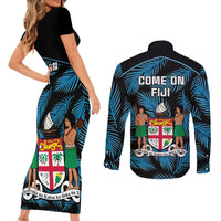 Fiji Rugby Couples Matching Short Sleeve Bodycon Dress and Long Sleeve Button Shirts Flying Fijians Blue Palm Tree Version - Wonder Print Shop