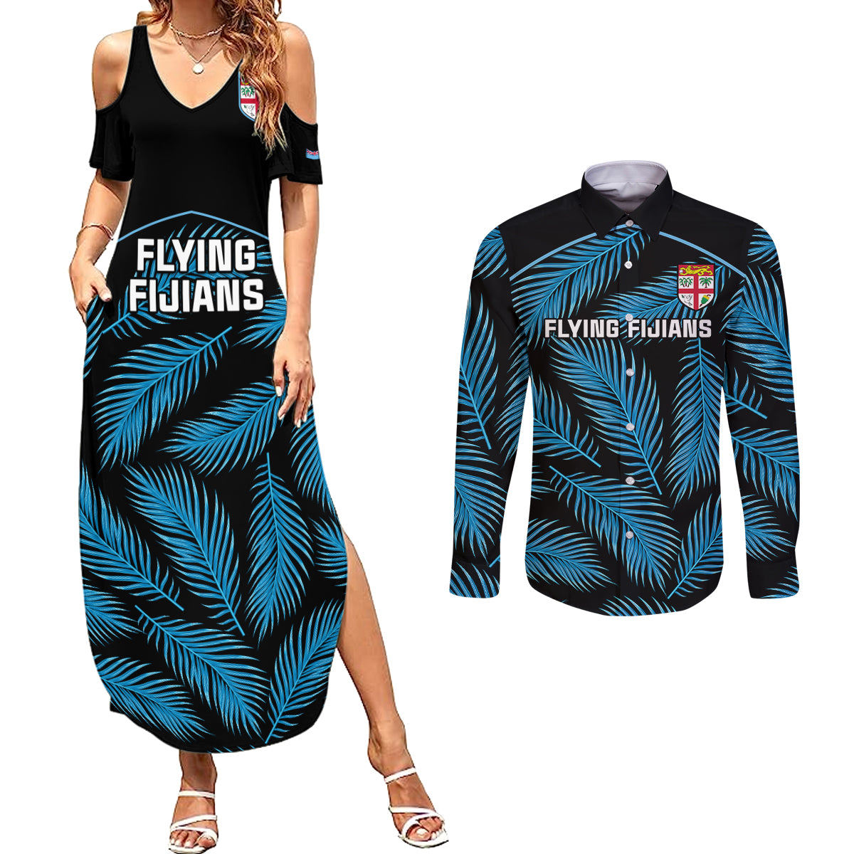 Fiji Rugby Couples Matching Summer Maxi Dress and Long Sleeve Button Shirts Flying Fijians Blue Palm Tree Version - Wonder Print Shop