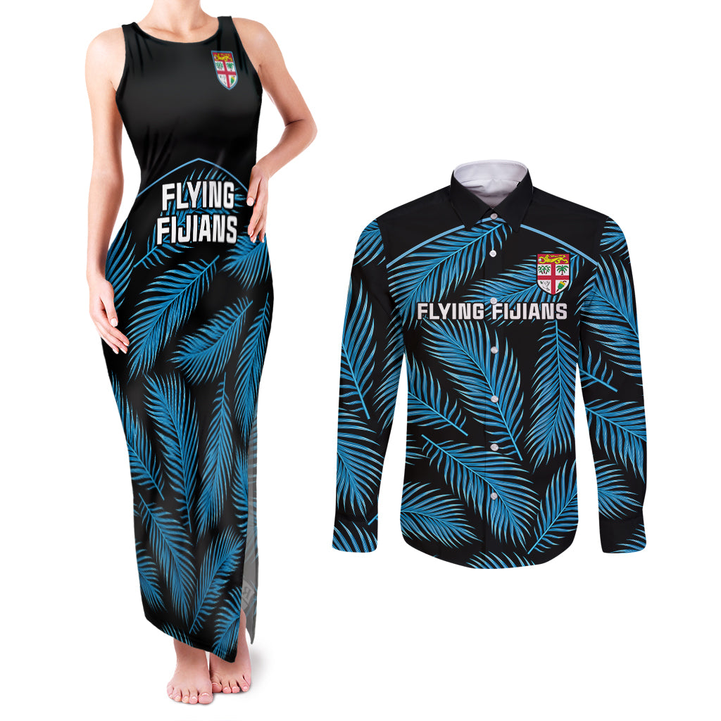 Fiji Rugby Couples Matching Tank Maxi Dress and Long Sleeve Button Shirts Flying Fijians Blue Palm Tree Version - Wonder Print Shop